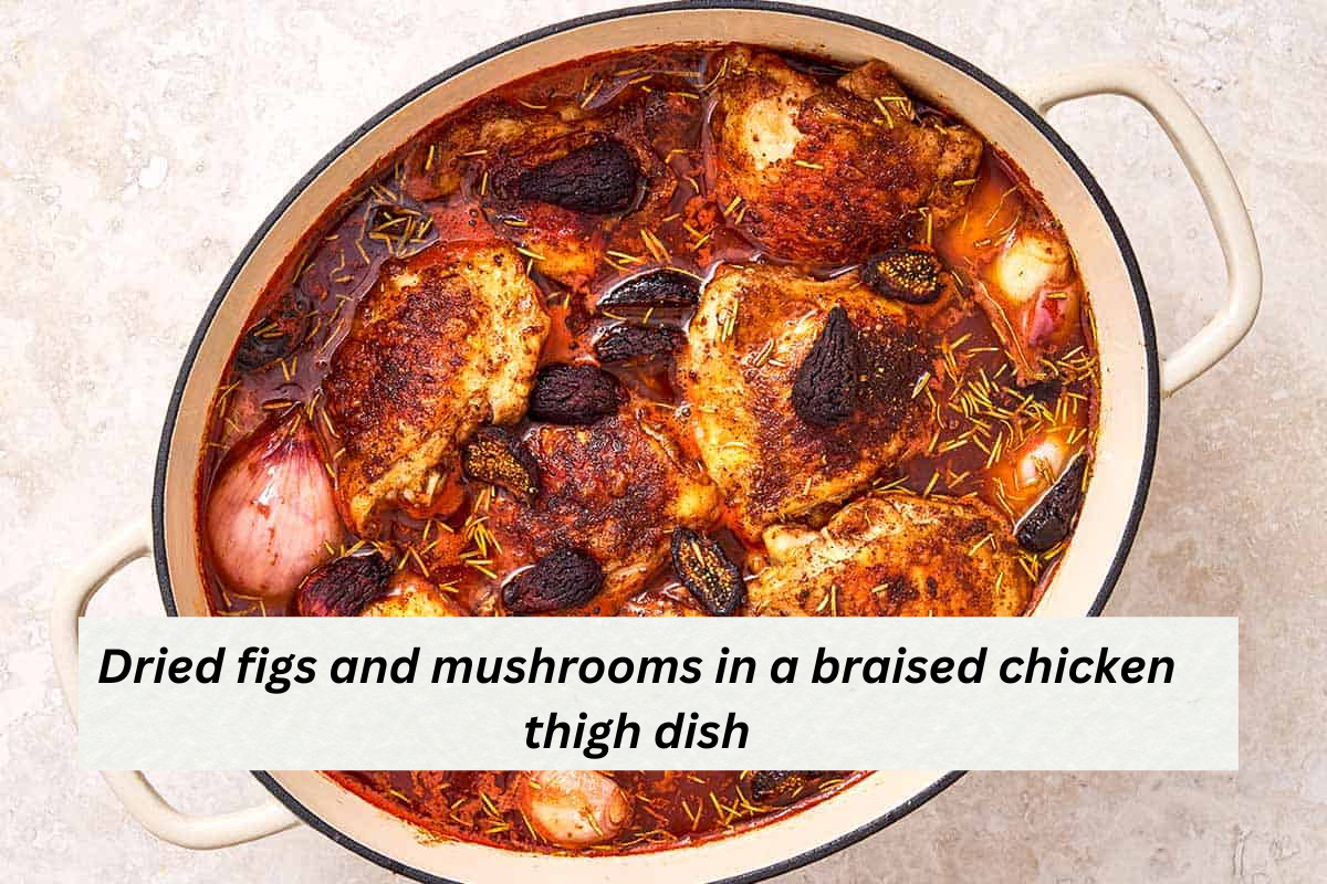 Dried figs and mushrooms in a braised chicken thigh dish